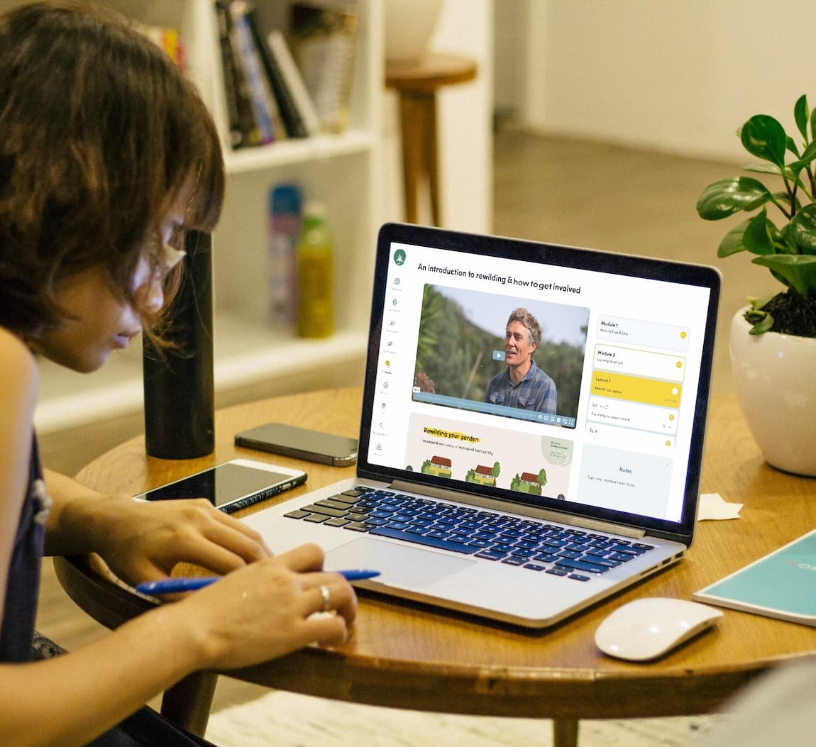 A member working through the rewilding course on her laptop